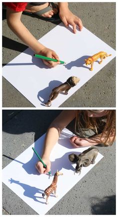 two pictures of children playing with toy animals