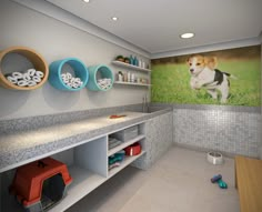 a bathroom with a dog on the wall and shelves in front of it that are filled with toys