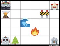 a game board with different types of objects and symbols on the tiles, including an image of