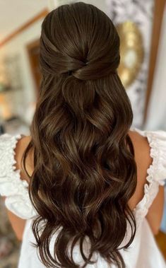 the back of a woman's head with long brown hair and curls in it