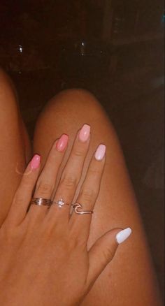 Square Multi Color Nails, Pink Nails Non Acrylic, Summer Nails 2023 Multi Color, Cute Pink Spring Nails, Simple Nails Bright Colors, Beach Vibe Nails Pink, Nails Acrylic Different Colors, Nails With Ring Finger Different Color, Summer Nails Real Nails