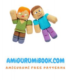 two crocheted dolls sitting next to each other with the words amigurum book com