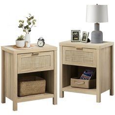 two wooden nightstands with baskets on each side