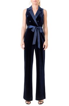 Tuxedo-influenced details like a satin-notched collar and decorative double-breasted buttons add polished style to this velvet jumpsuit. Notched lapels Sleeveless Lined 100% polyester Hand wash, dry flat Imported Hair Care Gifts, Nike Shoes For Sale, Polished Style, Leopard Print Shoes, Velvet Jumpsuit, Trish Mcevoy, Holiday Pajamas, Hair Sale, Fragrance Design