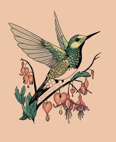 a cross stitch pattern of a hummingbird sitting on a branch with pink flowers and green leaves