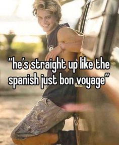 a man leaning against the side of a car with his arms crossed and smiling, he's straight up like the spanish just bon voyage