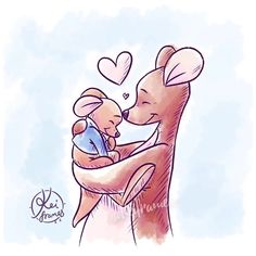 a drawing of a teddy bear holding a baby in its arms and kissing it's face