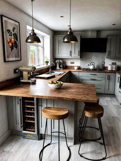 a kitchen with two stools and an island