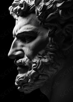 a black and white photo of a statue of a man with curly hair, wearing a beard