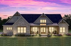 this is an artist's rendering of the front elevation of a house at dusk