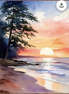 a painting of the sun setting over the ocean with trees and water in front of it