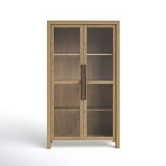 a wooden bookcase with glass doors on the front and bottom shelves, against a white background