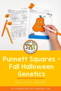 a hand holding a pencil over a paper with the words punnet squares - fall halloween gen