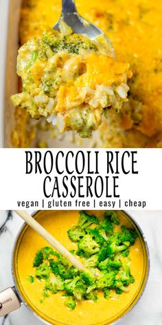 broccoli rice casserole in a pan with a spoon