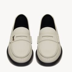 Brand New Authentic Saint Laurent Loafers. Worn Only Once. Beautiful Pearl Color With Gold Monogram Ysl On Right Shoe. Leather Is Made Up Of Lambskin. Heel Height Is 0.6 In. Size 40 (10 Us) In Women’s. Run On The Smaller Side, As The Loafers Are Narrow. No Trades. Real Inquiries Only Please. White Business Loafers With Flat Heel, White Flat Heel Business Loafers, White Calf Leather Loafers For Work, Classic White Loafers For Work, White Brogue Loafers For Office, Classic Cream Loafers For Business, Classic Cream Business Loafers, Luxury White Loafers For Formal Occasions, White Luxury Loafers For Formal Occasions