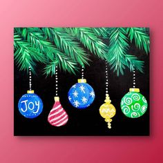 three ornaments hanging from a christmas tree on a black background with red and green accents