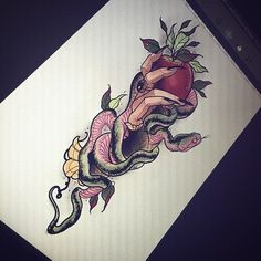 a drawing of a snake with an apple on it's back