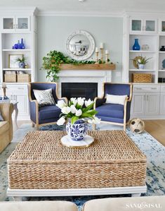 a living room filled with furniture and a fire place in the middle of the room