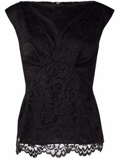 Black lace-patterned sleeveless blouse from PHILIPP PLEIN featuring pattern-lace detailing, slash neck, rear zip fastening, sleeveless, fitted waistline and scallop hem. | Philipp Plein Lace-Patterned Sleeveless Blouse Sleeveless Lace Bodice Top, Elegant Sleeveless Lace Top With Collar, Fitted Sleeveless Top With Back Zipper, Elegant Black Tops With Scalloped Lace, Chic Sleeveless Top With Lace Collar, Chic Evening Tops With Scalloped Lace, Chic Sleeveless Lace Trim Top, Chic Sleeveless Lace Top With Lace Trim, Elegant Black Top With Scalloped Lace