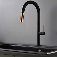 a black kitchen sink with a gold faucet