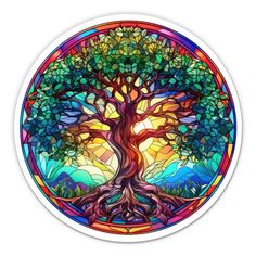 a round sticker with a tree in the center and colorful stained glass on it