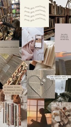 a collage of books and pictures with words on them