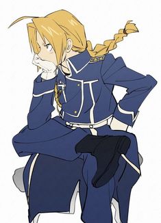 an anime character with blonde hair and blue clothes