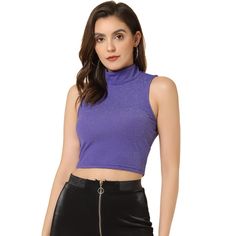 This shiny top is designed with a keyhole back and a sleeveless cropped design, which is perfect for party wear. A fine sleeveless top is cut in a chic silhouette to shine on any occasion in this stylish top. This women's top is suitable for fall and winter as a basic layering with a jacket or coat and is perfect for your everyday collection. Party Stretch Crop Top Tank Top, Stretch Crop Top Tank For Party, Trendy Cropped Crop Top For Party Season, Purple Sleeveless Club Top, Trendy Sleeveless Halter Top For Party, Purple Sleeveless Crop Top For Night Out, Sleeveless Purple Crop Top For Night Out, Trendy Sleeveless Tops For Party Season, Cropped Tops For Club And Party Season