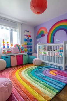 a colorful room with rainbow rugs and lots of pillows on the floor in front of a crib