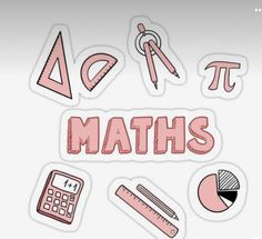 stickers with the words maths written in pink and white, surrounded by school supplies