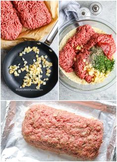 meatloaf and other ingredients are being cooked in a pan, then ground beef is added to the mixture