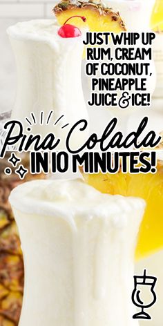 two pineapples are garnished with whipped cream and fruit in the background