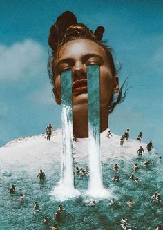 a collage of people standing in the water with waterfall coming out of their mouths