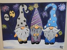 three gnomes are standing in the snow with fireworks and balloons on their heads, one is wearing a party hat