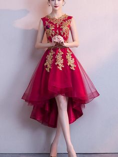 Wine Red High Low Tulle with Gold Applique Beautiful 2019 Formal Dresses Beautiful Formal Dresses, Cute Dresses For Work, Red And Gold Dress, Tulle Formal Dress, Pretty Red Dress, Gold Applique, Casual Formal Dresses, Cute Dresses For Party