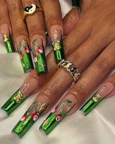 Streetwear Acrylic Nails, Latina Mami Nails, Sagittarius Nails Designs Acrylic, Ugly Acrylic Nails, Chicana Nails Acrylic, Crazy Nail Ideas, Rockstar Nails Acrylic, Extravagant Nails Designs, Long Square Acrylic Nails Designs