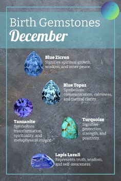 Blue Zircon, Blue Topaz, Tanzanite (Modern), and Turquoise, Lapis Lazuli (Traditional). Meaning and Symbolism. Physical and Emotional Properties. Tanzanite Meaning, Blue Topaz Meaning, Aesthetic Assignment Ideas, Tanzanite Stone, Blue Topaz Stone