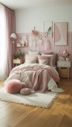 a bedroom decorated in pink and white with lots of pillows on the bed, rugs and lamps