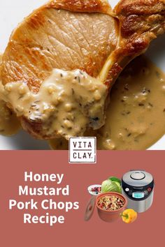 honey mustard pork chops recipe with gravy on the side and an orange background