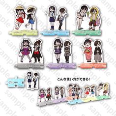 the anime character stickers are arranged in different styles and colors, including one with black hair