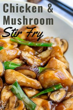 chicken and mushroom stir fry on a white plate