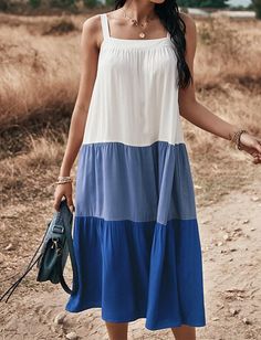 Shades of Blue Sleeveless Color Block Ruffle Midi Dress | Lilli & Yve Casual Midi Dress, Midi Dress For Women, High Low Maxi Dress, Sling Dress, M 4, Midi Dress Casual, Women Midi, Midi Dress Sleeveless, Sleeveless Maxi Dress