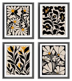 four black and white paintings with yellow flowers