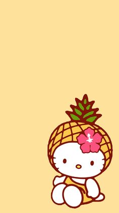 a hello kitty wallpaper with a pineapple on it's head and a pink bow