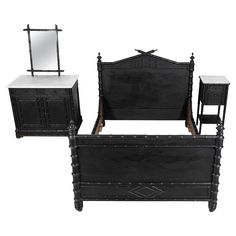 three pieces of furniture including a bed, dresser and mirror