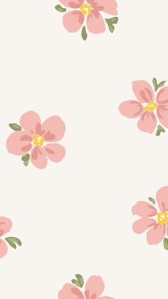 pink flowers on a white background with green leaves and yellow centers are featured in this image