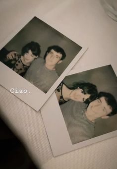 two polaroid photos of people sitting next to each other on a white tablecloth