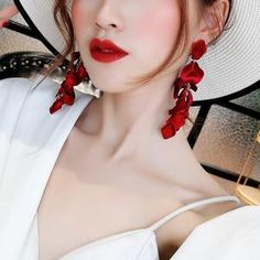 Travel Inspired Jewelry, Duster Earrings, Red Petals, Long Tassel Earrings, Red Jewelry, Red Earrings, Crystal Drop Earrings, Metallic Blue, White Topaz