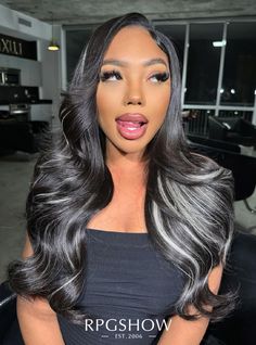 hair color: Black Hair with  Platinum Blonde Highlights</BR>  hair length: 20"</BR>  hair density: 200%</BR> Black Hair With Platinum, Layers Black Hair, Color Black Hair, Black With Blonde Highlights, Dark Black Hair, Blonde Natural Hair, Descendants 4, Black Hair Wigs