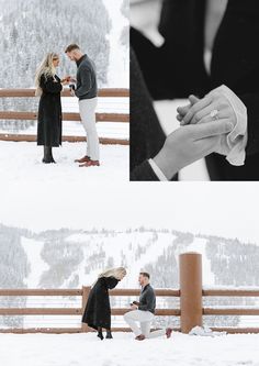 a man and woman standing in the snow holding each other's hands while looking at each other